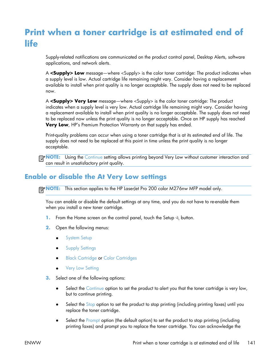 Enable or disable the at very low settings | HP LaserJet Pro 200 color MFP M276nw User Manual | Page 157 / 238