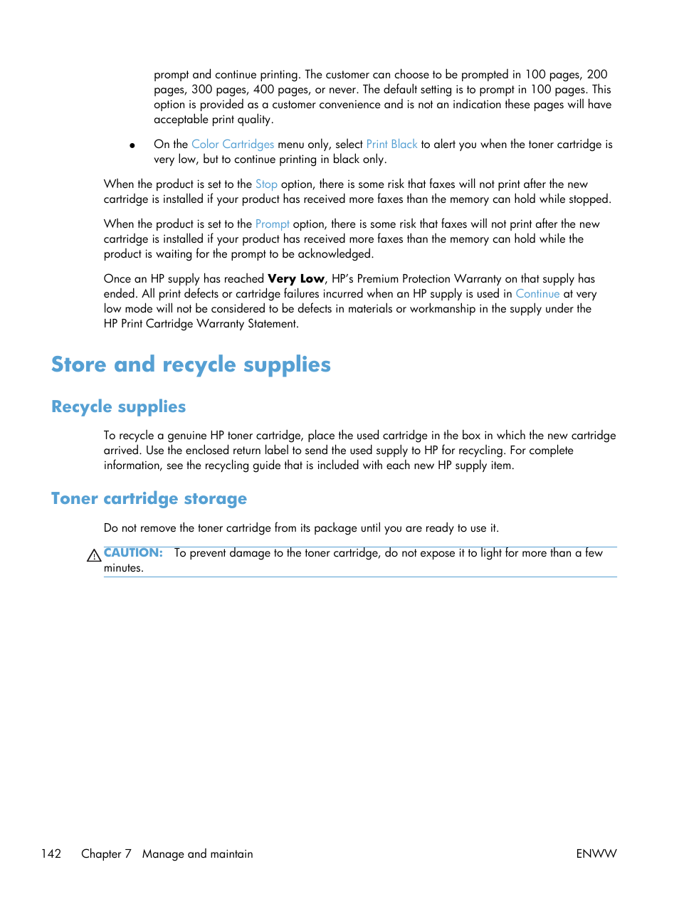 Store and recycle supplies, Recycle supplies, Toner cartridge storage | Recycle supplies toner cartridge storage | HP LaserJet Pro 200 color MFP M276nw User Manual | Page 158 / 238