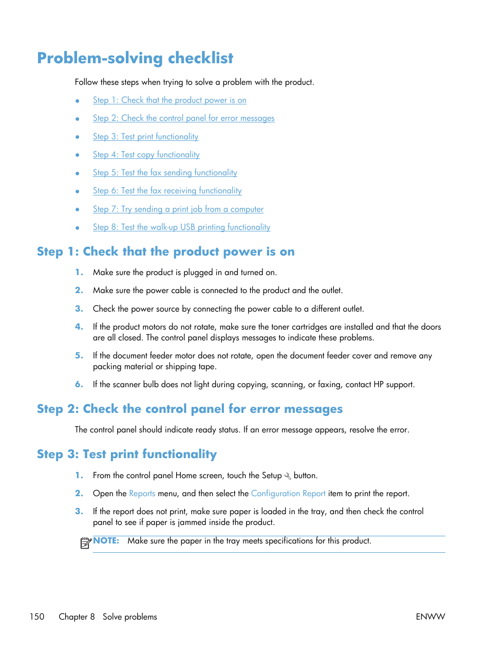 Problem-solving checklist, Step 1: check that the product power is on, Step 2: check the control panel for error messages | Step 3: test print functionality | HP LaserJet Pro 200 color MFP M276nw User Manual | Page 166 / 238