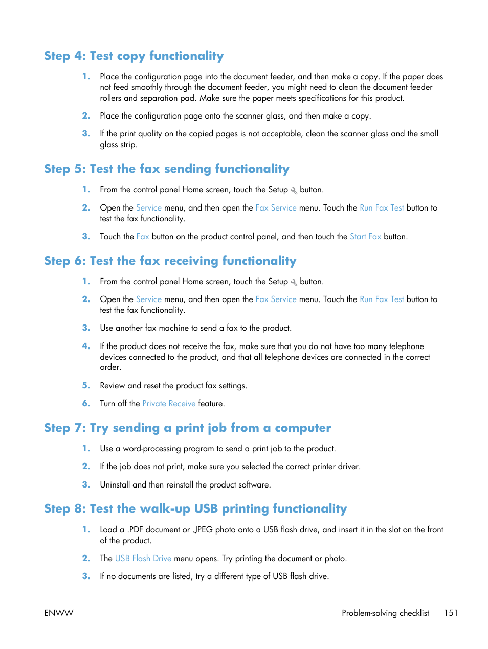 Step 4: test copy functionality, Step 5: test the fax sending functionality, Step 6: test the fax receiving functionality | Step 7: try sending a print job from a computer | HP LaserJet Pro 200 color MFP M276nw User Manual | Page 167 / 238