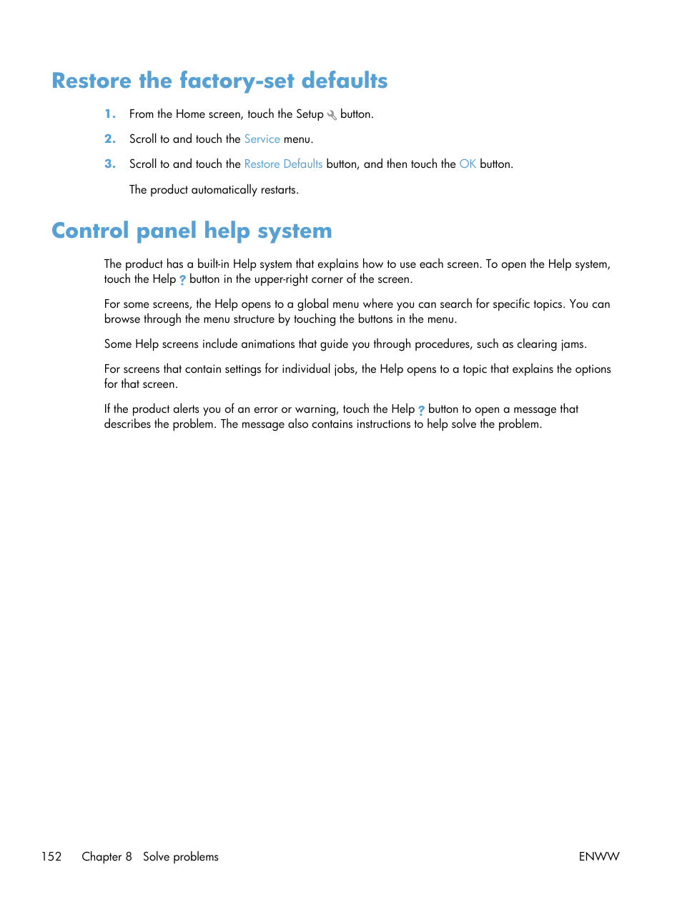 Restore the factory-set defaults, Control panel help system | HP LaserJet Pro 200 color MFP M276nw User Manual | Page 168 / 238