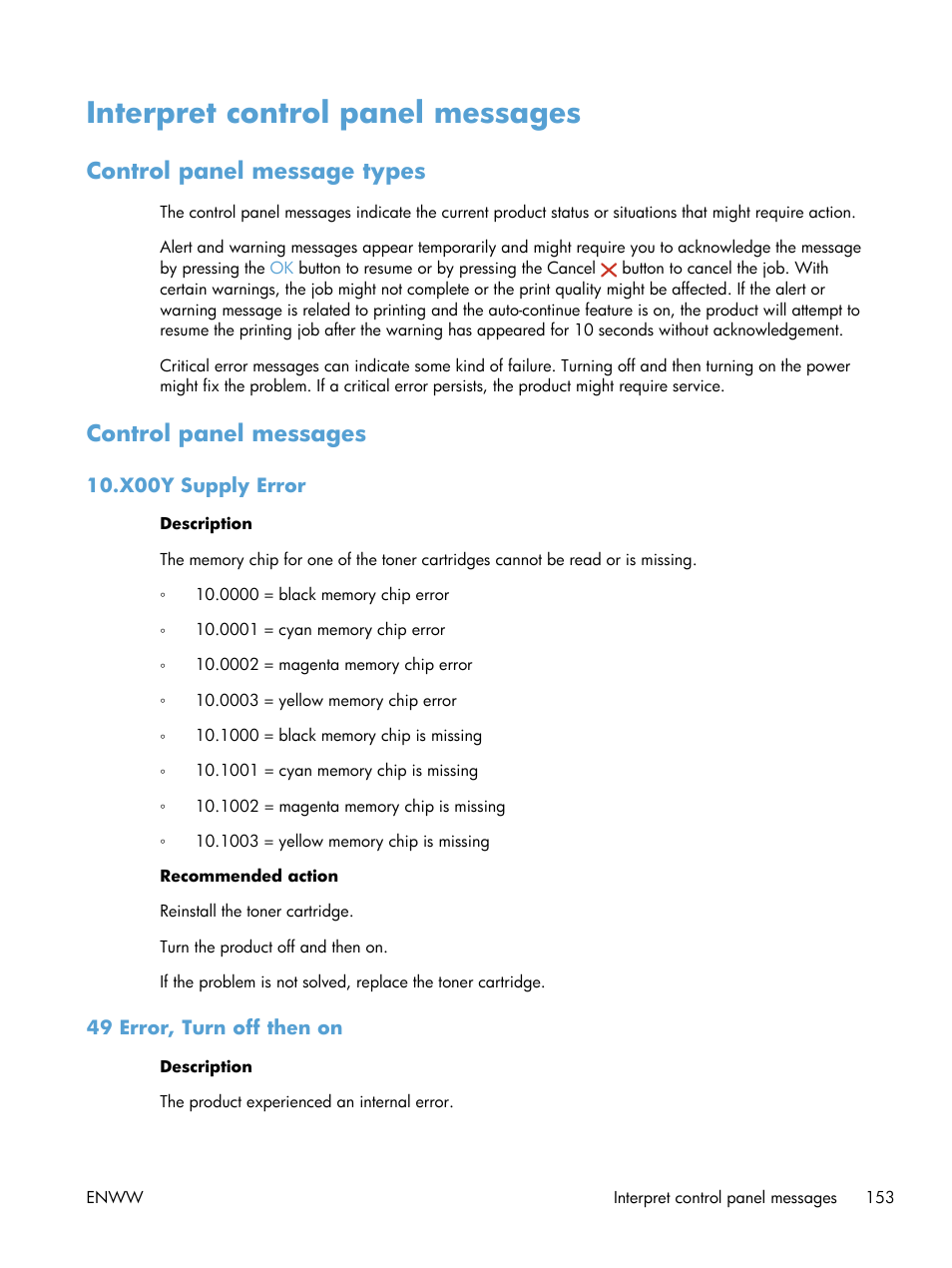 Interpret control panel messages, Control panel message types, Control panel messages | X00y supply error, 49 error, turn off then on, Control panel message types control panel messages, X00y supply error 49 error, turn off then on | HP LaserJet Pro 200 color MFP M276nw User Manual | Page 169 / 238
