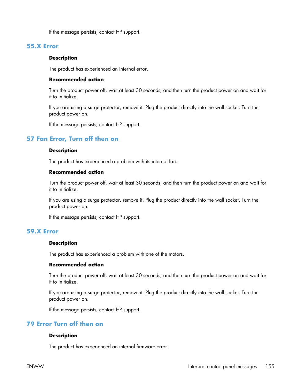 X error, 57 fan error, turn off then on, 79 error turn off then on | HP LaserJet Pro 200 color MFP M276nw User Manual | Page 171 / 238