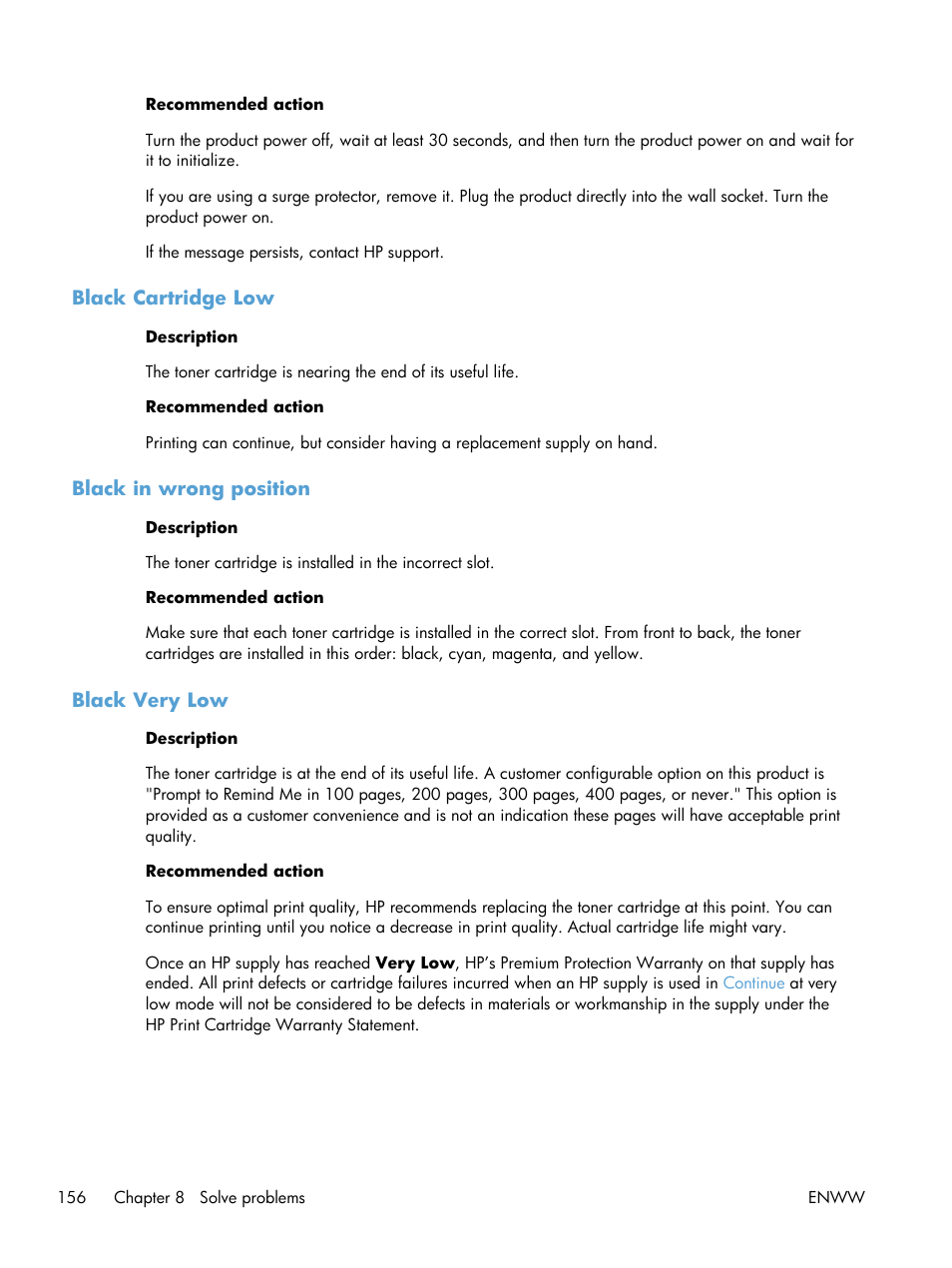 Black cartridge low, Black in wrong position, Black very low | HP LaserJet Pro 200 color MFP M276nw User Manual | Page 172 / 238