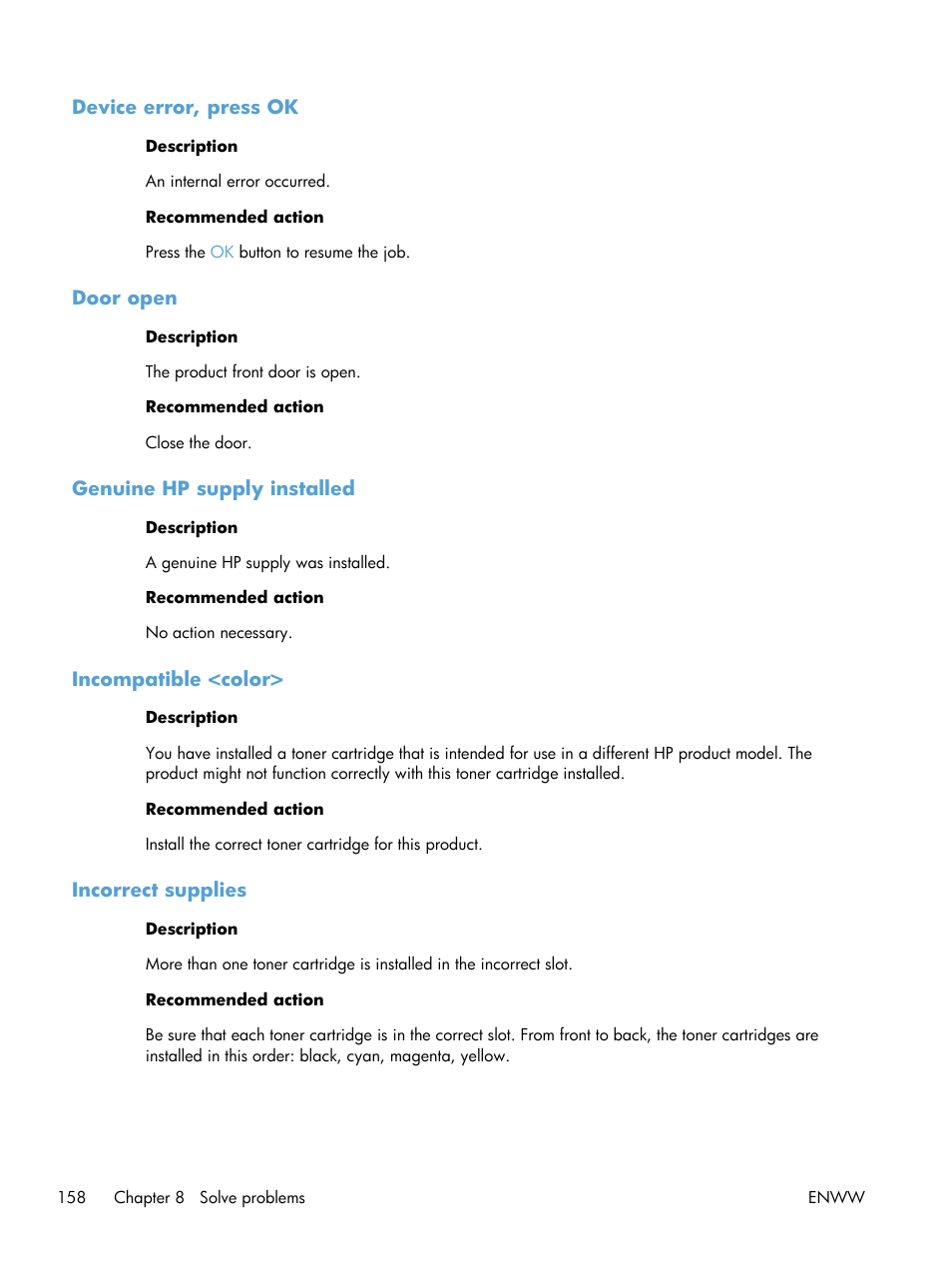 Device error, press ok, Door open, Genuine hp supply installed | Incompatible <color, Incorrect supplies | HP LaserJet Pro 200 color MFP M276nw User Manual | Page 174 / 238