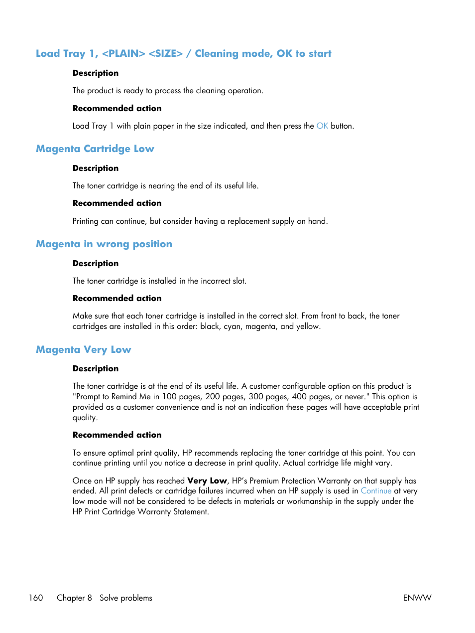 Magenta cartridge low, Magenta in wrong position, Magenta very low | HP LaserJet Pro 200 color MFP M276nw User Manual | Page 176 / 238