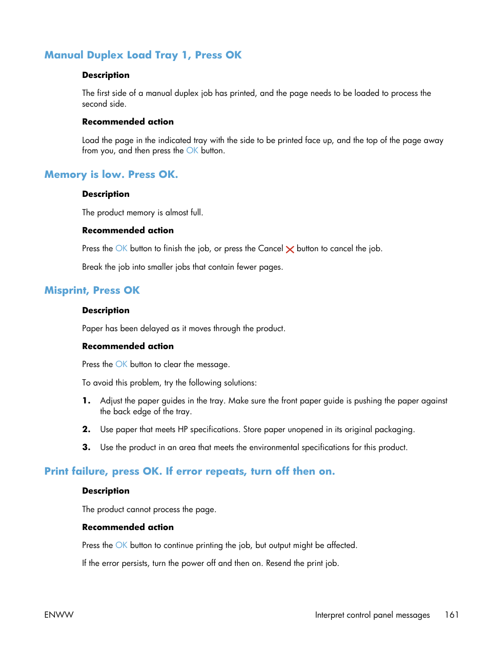 Manual duplex load tray 1, press ok, Memory is low. press ok, Misprint, press ok | HP LaserJet Pro 200 color MFP M276nw User Manual | Page 177 / 238