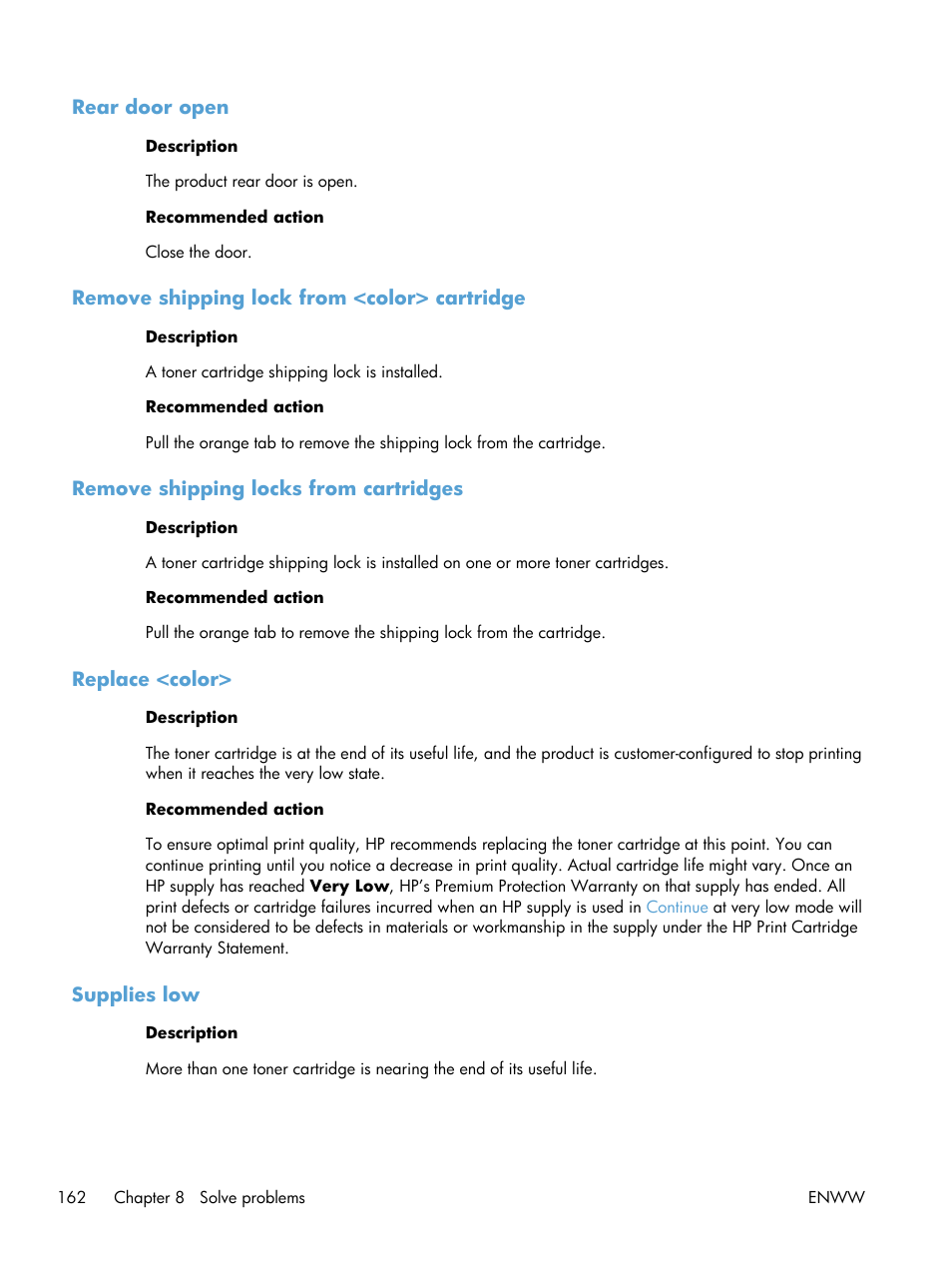 Rear door open, Remove shipping lock from <color> cartridge, Remove shipping locks from cartridges | Replace <color, Supplies low | HP LaserJet Pro 200 color MFP M276nw User Manual | Page 178 / 238