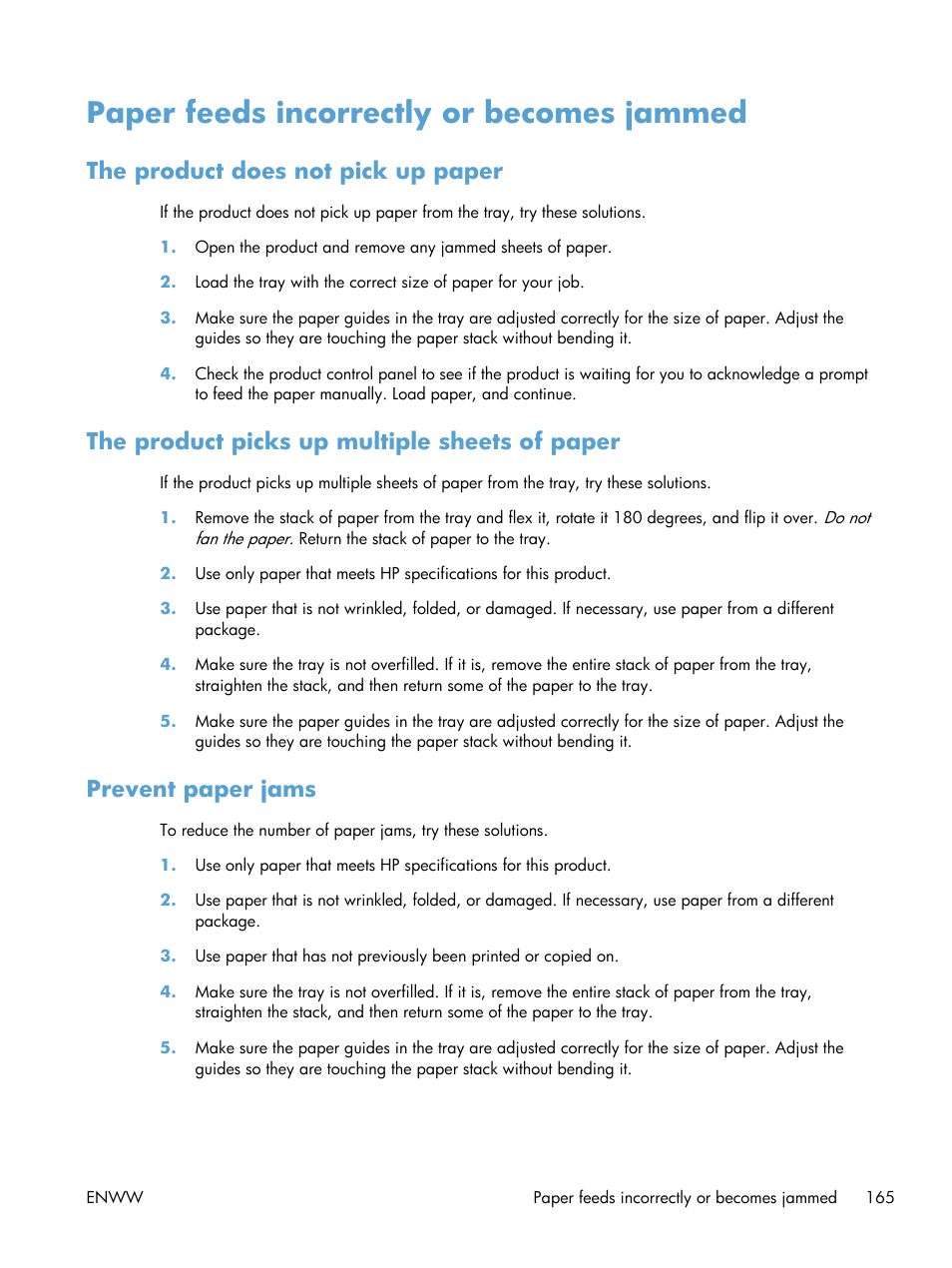 Paper feeds incorrectly or becomes jammed, The product does not pick up paper, The product picks up multiple sheets of paper | Prevent paper jams | HP LaserJet Pro 200 color MFP M276nw User Manual | Page 181 / 238