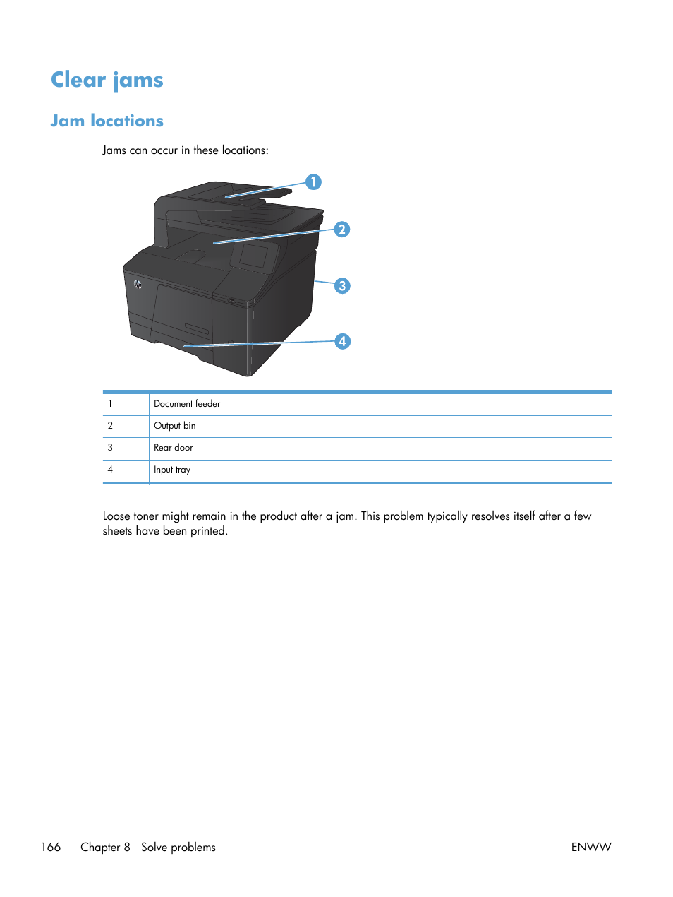 Clear jams, Jam locations | HP LaserJet Pro 200 color MFP M276nw User Manual | Page 182 / 238
