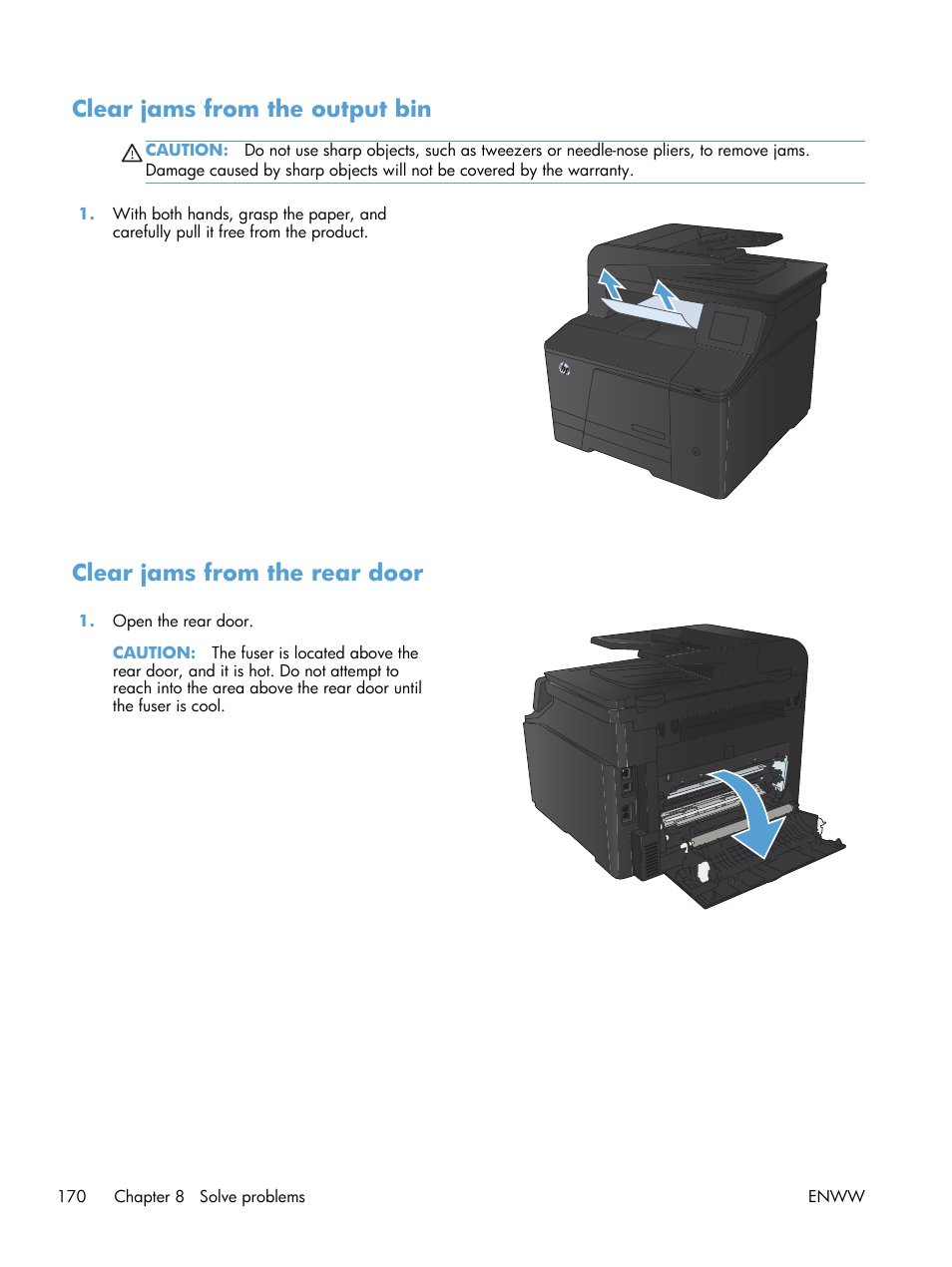 Clear jams from the output bin, Clear jams from the rear door | HP LaserJet Pro 200 color MFP M276nw User Manual | Page 186 / 238