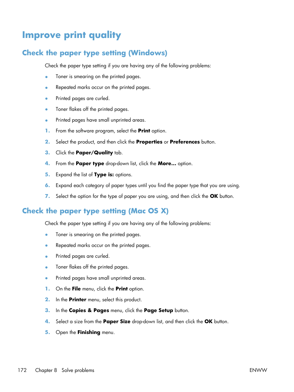 Improve print quality, Check the paper type setting (windows), Check the paper type setting (mac os x) | HP LaserJet Pro 200 color MFP M276nw User Manual | Page 188 / 238