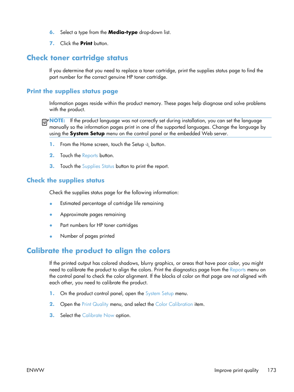 Check toner cartridge status, Check the supplies status, Calibrate the product to align the colors | HP LaserJet Pro 200 color MFP M276nw User Manual | Page 189 / 238