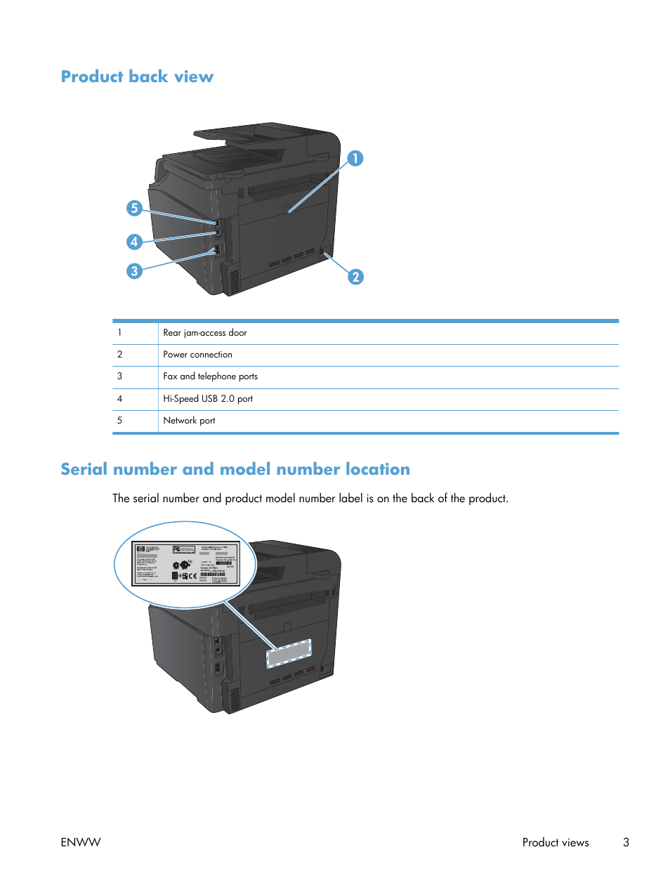 Product back view, Serial number and model number location | HP LaserJet Pro 200 color MFP M276nw User Manual | Page 19 / 238