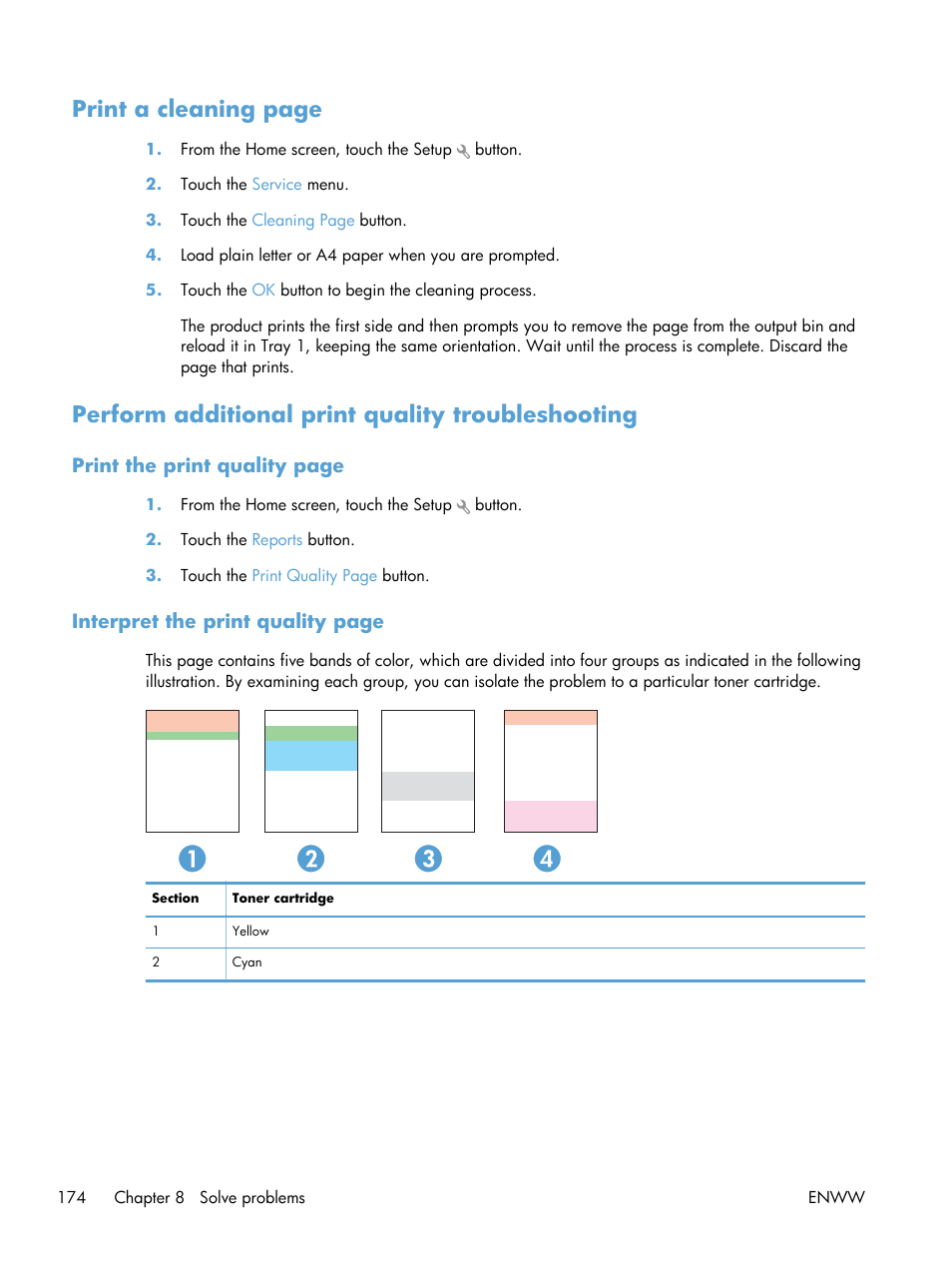 Perform additional print quality troubleshooting, Print a cleaning page | HP LaserJet Pro 200 color MFP M276nw User Manual | Page 190 / 238