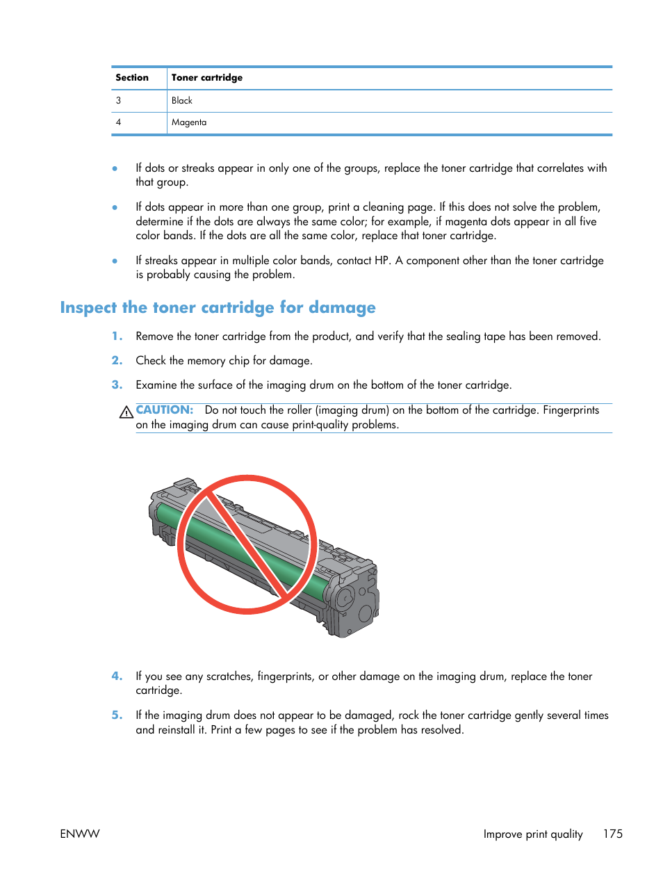 Inspect the toner cartridge for damage | HP LaserJet Pro 200 color MFP M276nw User Manual | Page 191 / 238