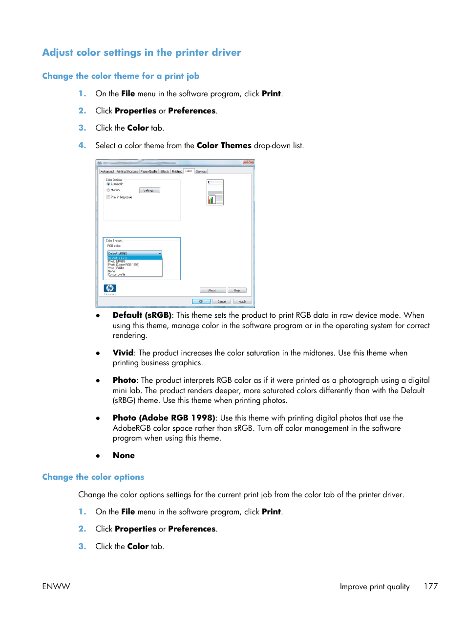Adjust color settings in the printer driver, Change the color theme for a print job, Change the color options | HP LaserJet Pro 200 color MFP M276nw User Manual | Page 193 / 238
