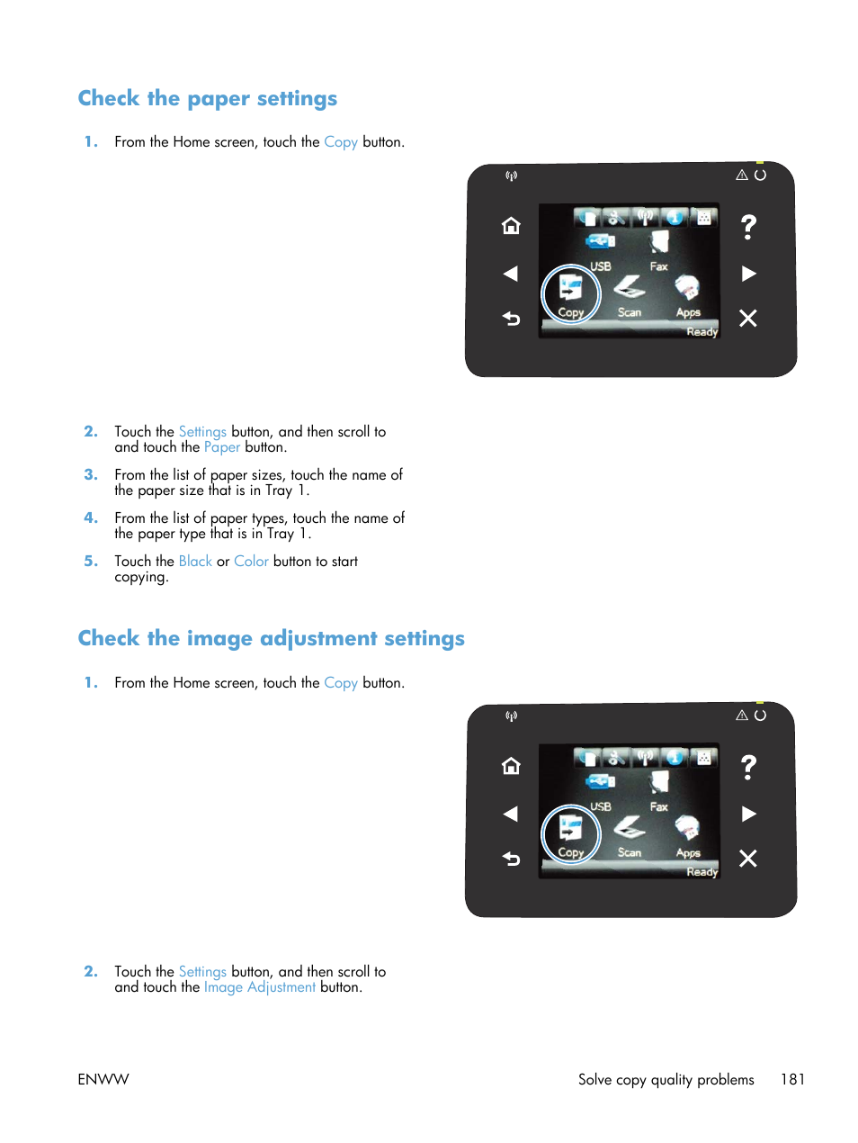 Check the paper settings, Check the image adjustment settings | HP LaserJet Pro 200 color MFP M276nw User Manual | Page 197 / 238