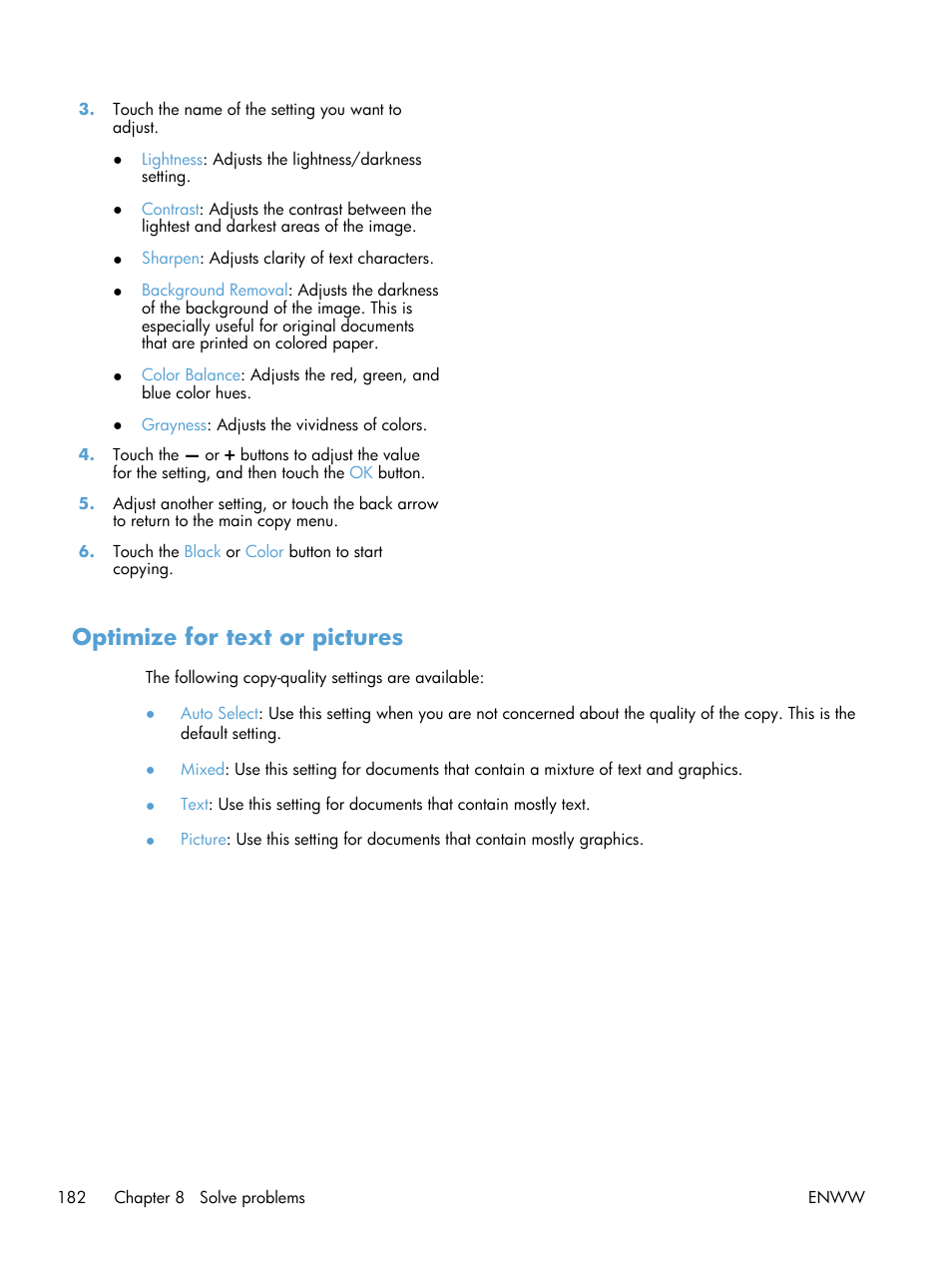 Optimize for text or pictures | HP LaserJet Pro 200 color MFP M276nw User Manual | Page 198 / 238