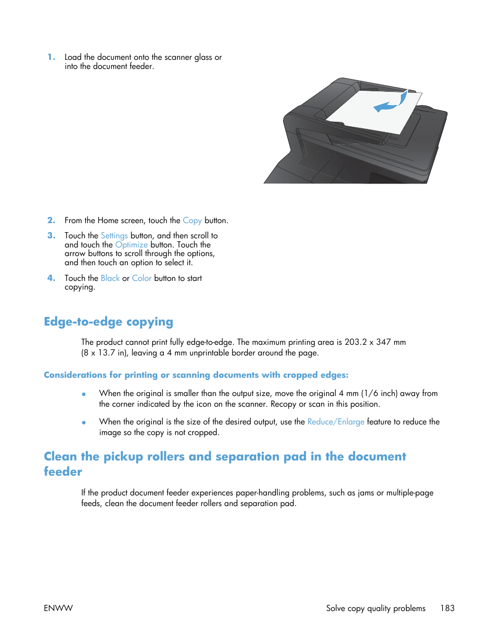 Edge-to-edge copying | HP LaserJet Pro 200 color MFP M276nw User Manual | Page 199 / 238