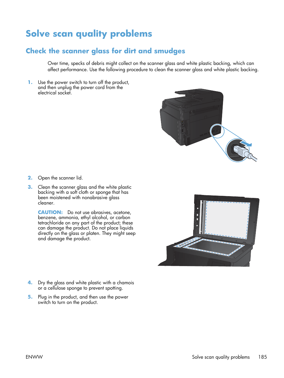 Solve scan quality problems, Check the scanner glass for dirt and smudges | HP LaserJet Pro 200 color MFP M276nw User Manual | Page 201 / 238