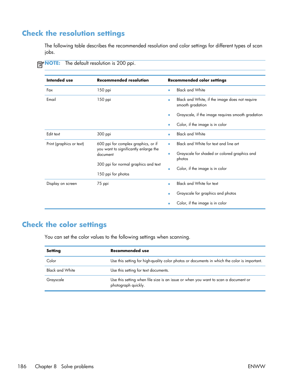Check the resolution settings, Check the color settings | HP LaserJet Pro 200 color MFP M276nw User Manual | Page 202 / 238