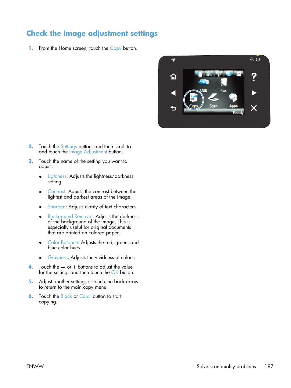 Check the image adjustment settings | HP LaserJet Pro 200 color MFP M276nw User Manual | Page 203 / 238