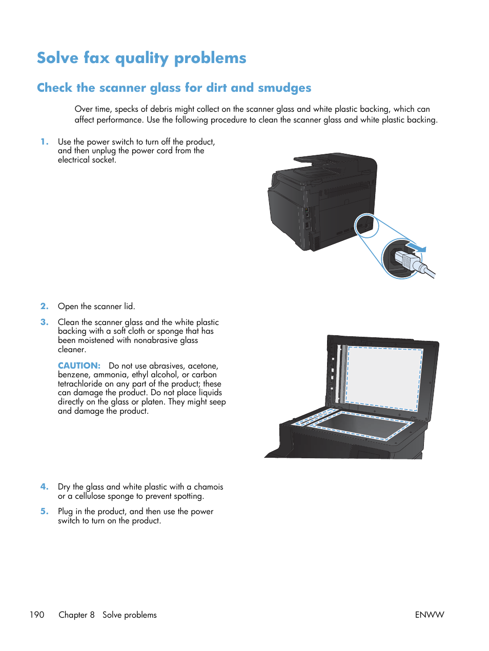 Solve fax quality problems, Check the scanner glass for dirt and smudges | HP LaserJet Pro 200 color MFP M276nw User Manual | Page 206 / 238
