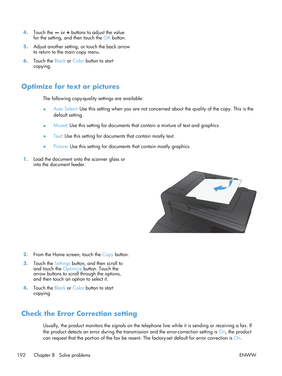 Optimize for text or pictures, Check the error correction setting | HP LaserJet Pro 200 color MFP M276nw User Manual | Page 208 / 238