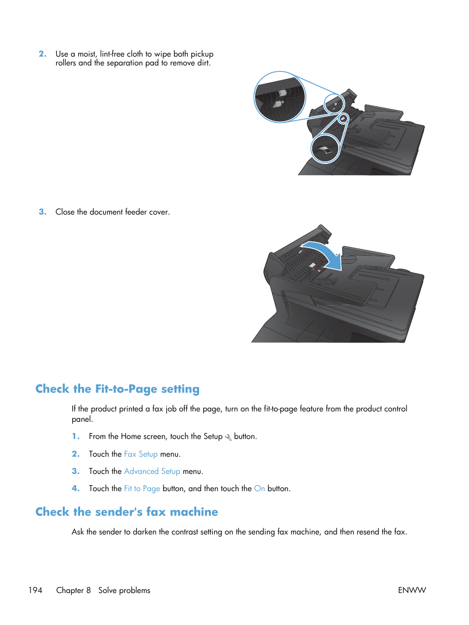 Check the sender's fax machine, Check the fit-to-page setting | HP LaserJet Pro 200 color MFP M276nw User Manual | Page 210 / 238