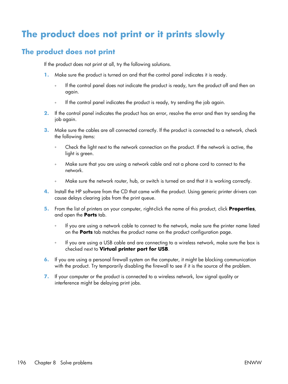 The product does not print or it prints slowly, The product does not print | HP LaserJet Pro 200 color MFP M276nw User Manual | Page 212 / 238