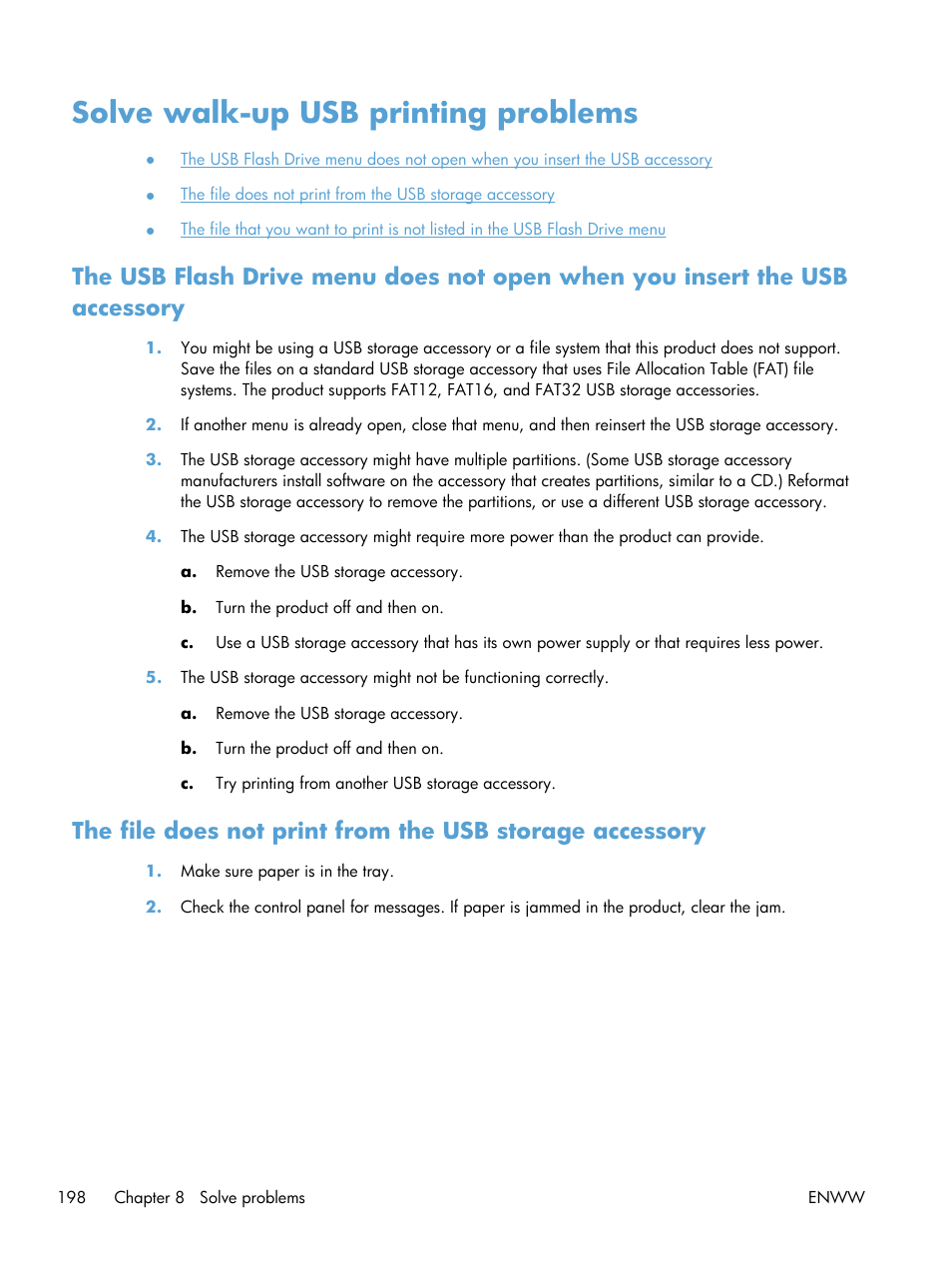 Solve walk-up usb printing problems | HP LaserJet Pro 200 color MFP M276nw User Manual | Page 214 / 238