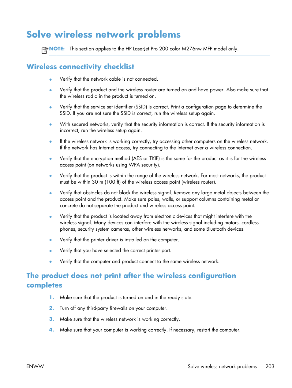 Solve wireless network problems, Wireless connectivity checklist | HP LaserJet Pro 200 color MFP M276nw User Manual | Page 219 / 238