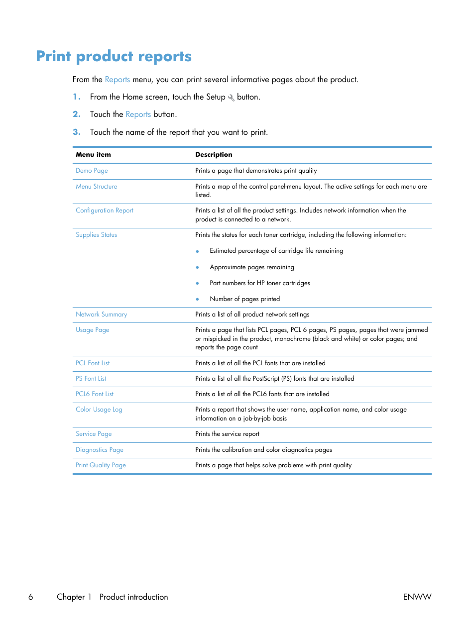 Print product reports | HP LaserJet Pro 200 color MFP M276nw User Manual | Page 22 / 238