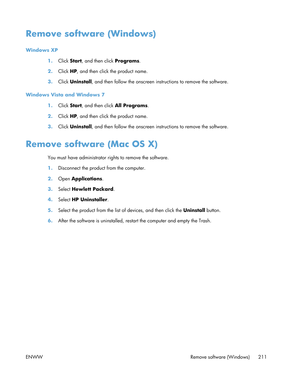 Remove software (windows), Remove software (mac os x) | HP LaserJet Pro 200 color MFP M276nw User Manual | Page 227 / 238