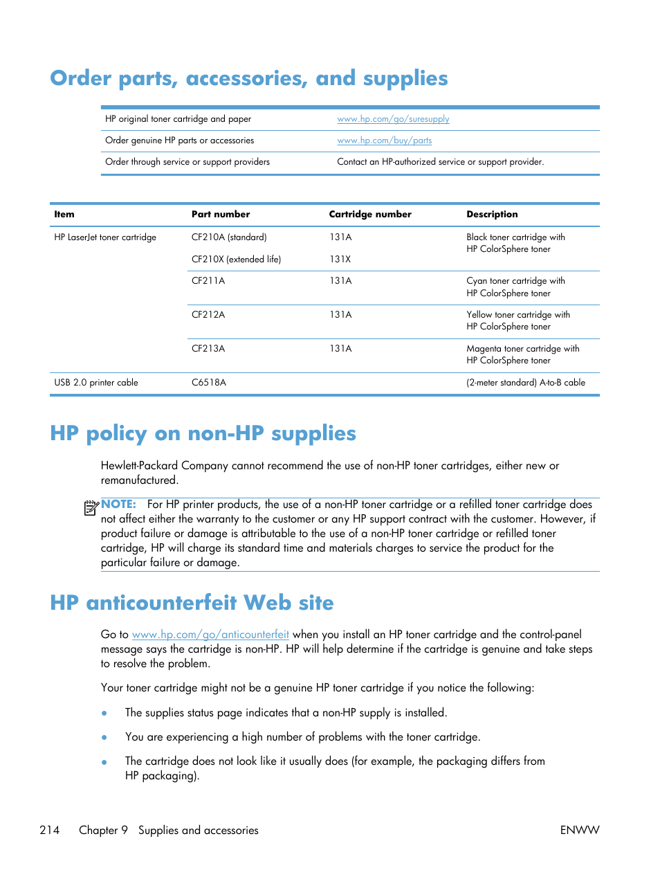 Order parts, accessories, and supplies, Hp policy on non-hp supplies, Hp anticounterfeit web site | HP LaserJet Pro 200 color MFP M276nw User Manual | Page 230 / 238