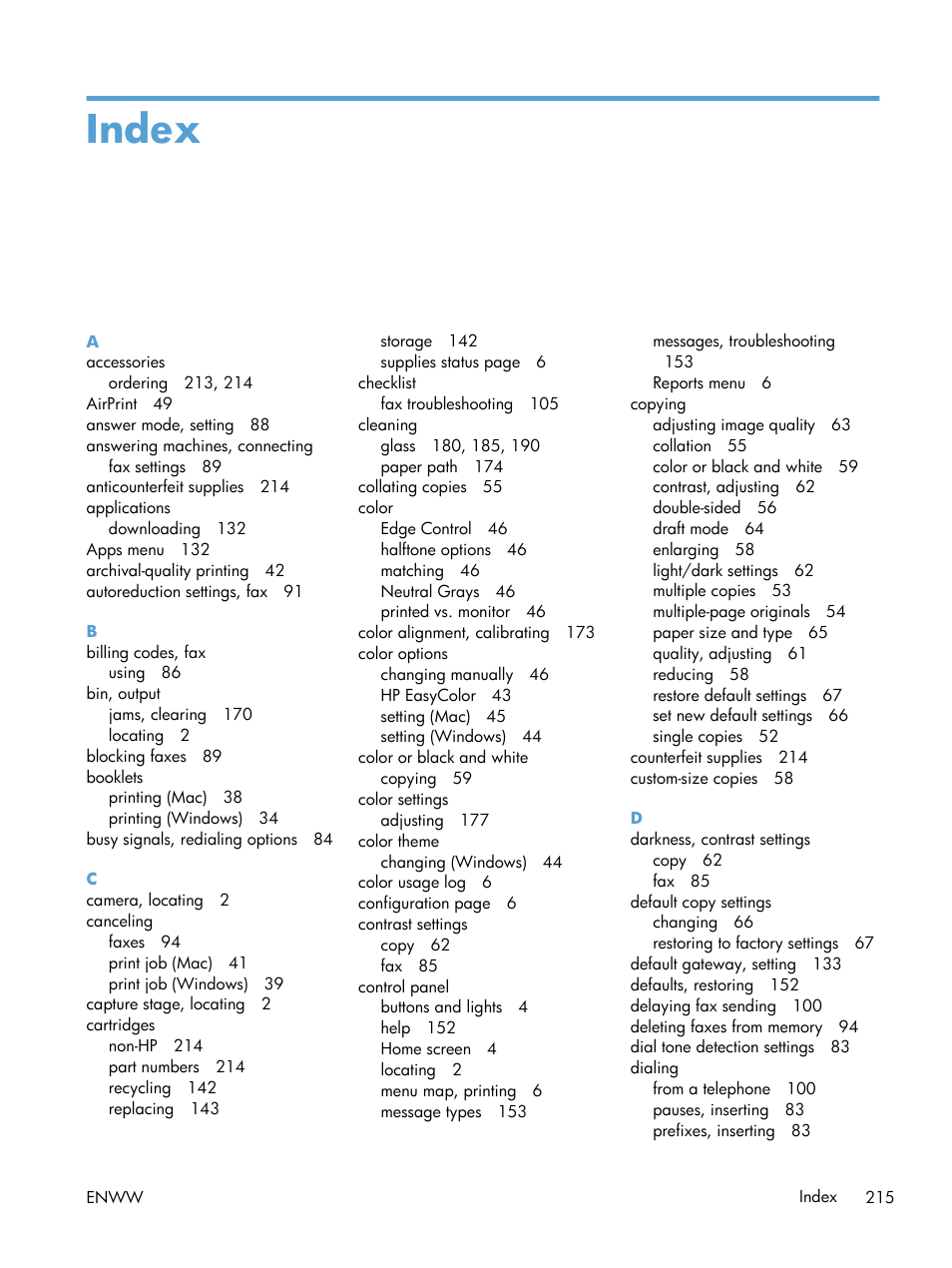 Index | HP LaserJet Pro 200 color MFP M276nw User Manual | Page 231 / 238