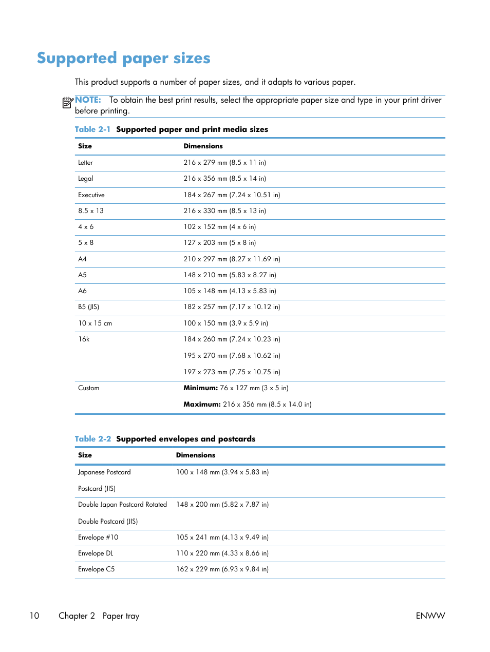 Supported paper sizes | HP LaserJet Pro 200 color MFP M276nw User Manual | Page 26 / 238