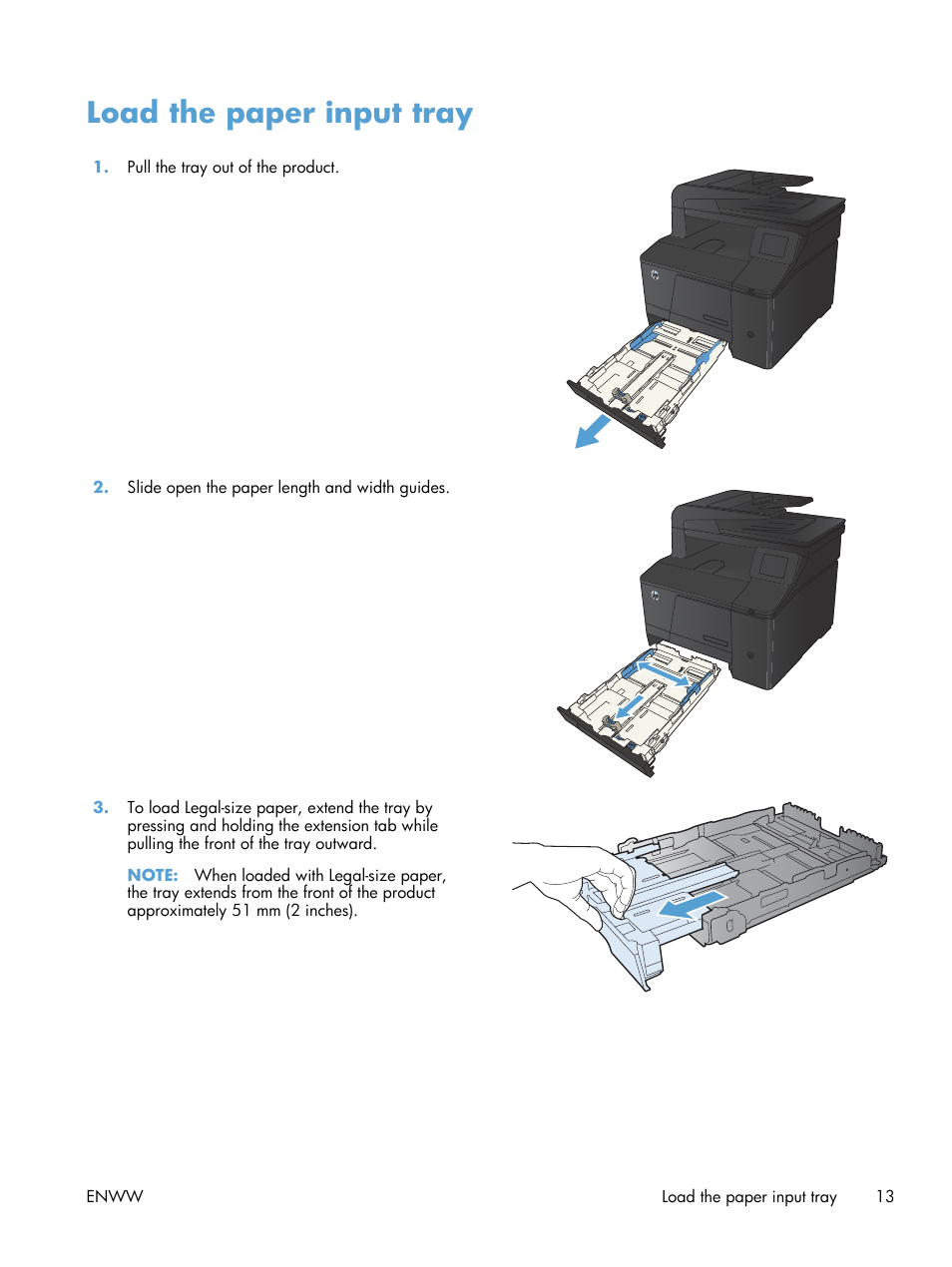 Load the paper input tray | HP LaserJet Pro 200 color MFP M276nw User Manual | Page 29 / 238