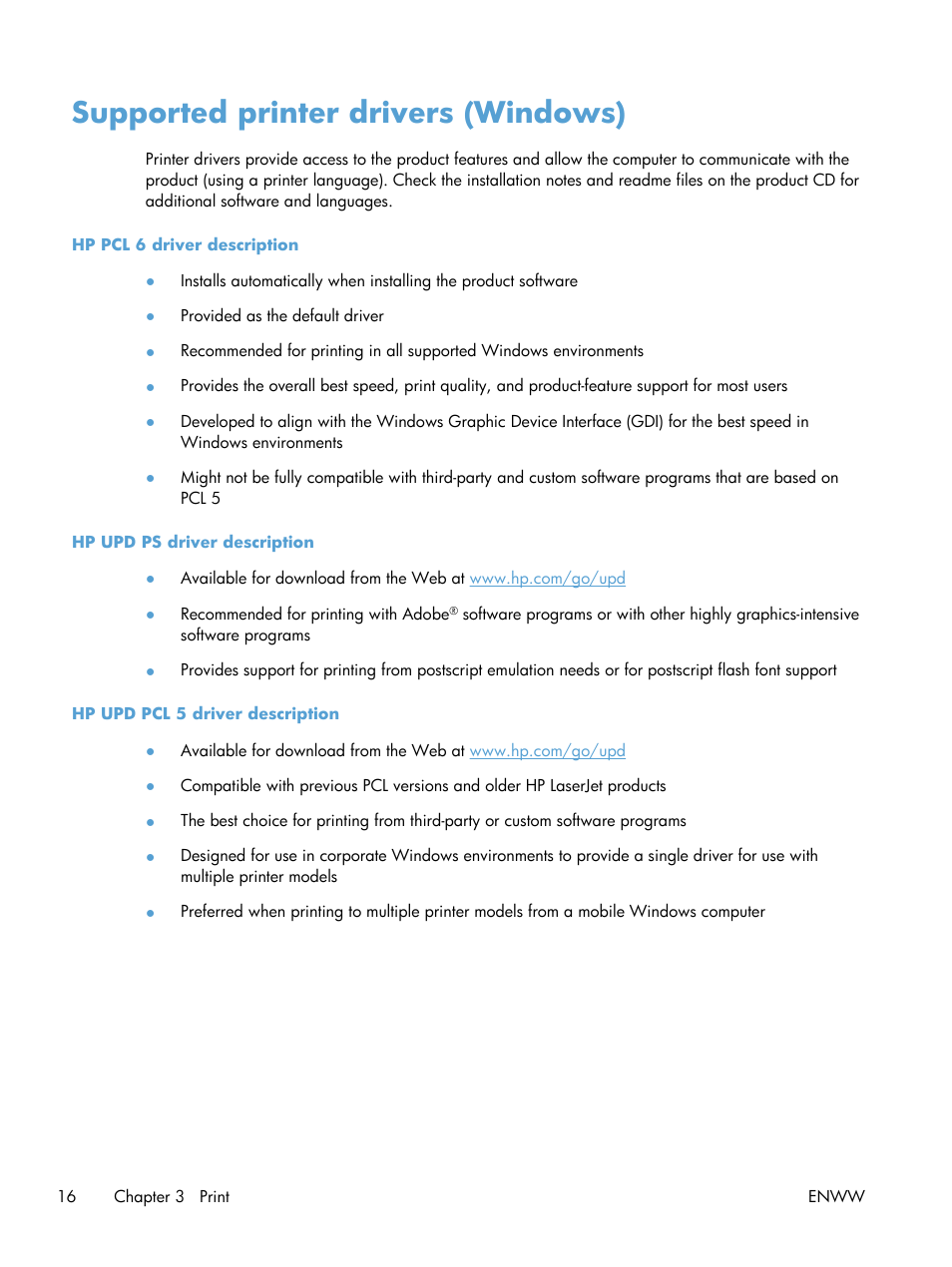 Supported printer drivers (windows) | HP LaserJet Pro 200 color MFP M276nw User Manual | Page 32 / 238