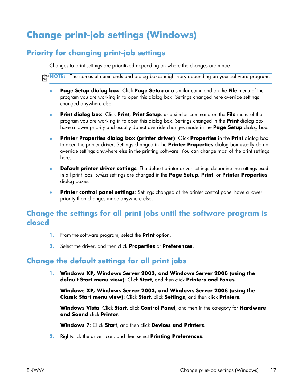 Change print-job settings (windows), Priority for changing print-job settings, Change the default settings for all print jobs | HP LaserJet Pro 200 color MFP M276nw User Manual | Page 33 / 238