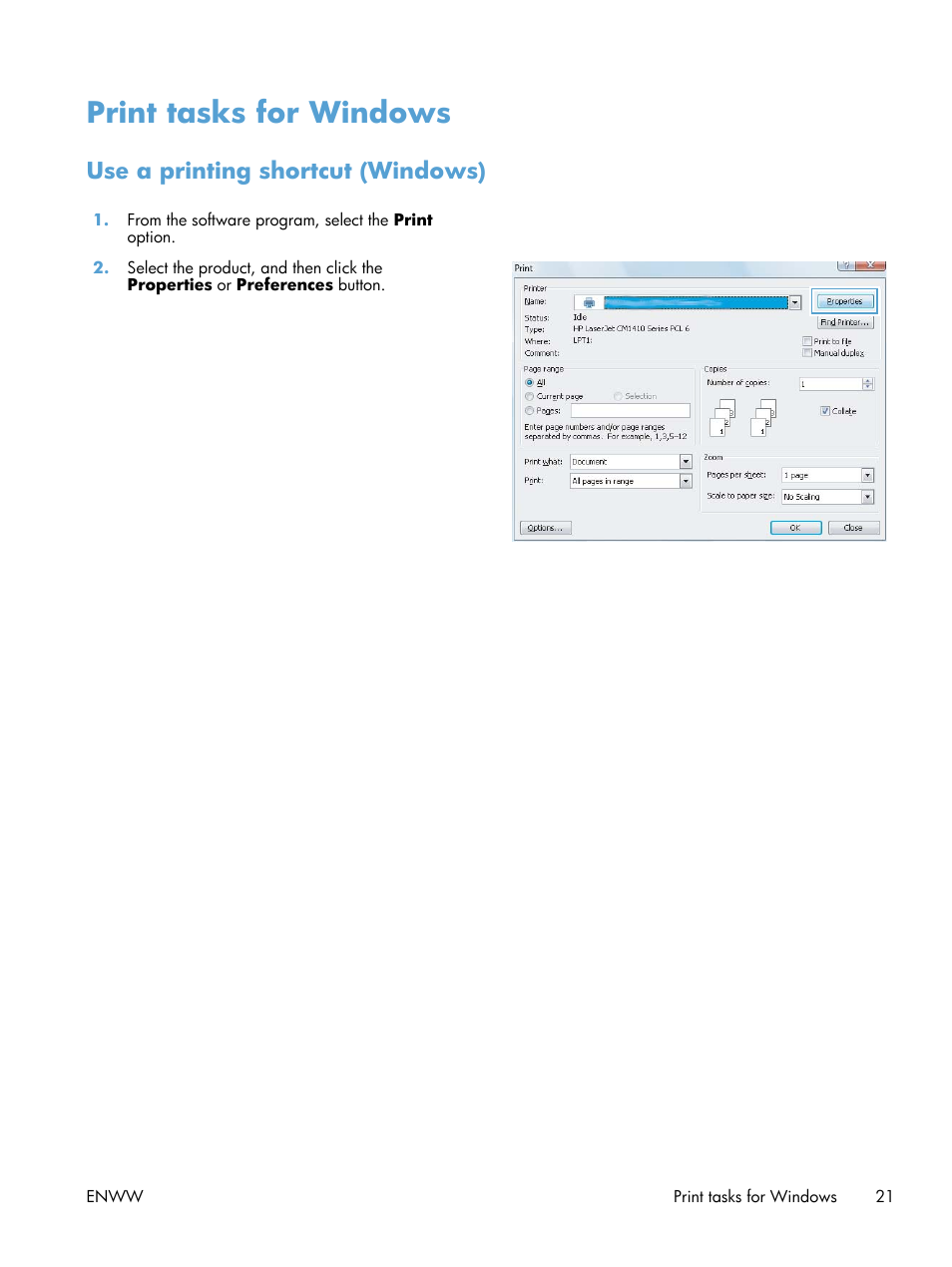 Print tasks for windows, Use a printing shortcut (windows) | HP LaserJet Pro 200 color MFP M276nw User Manual | Page 37 / 238