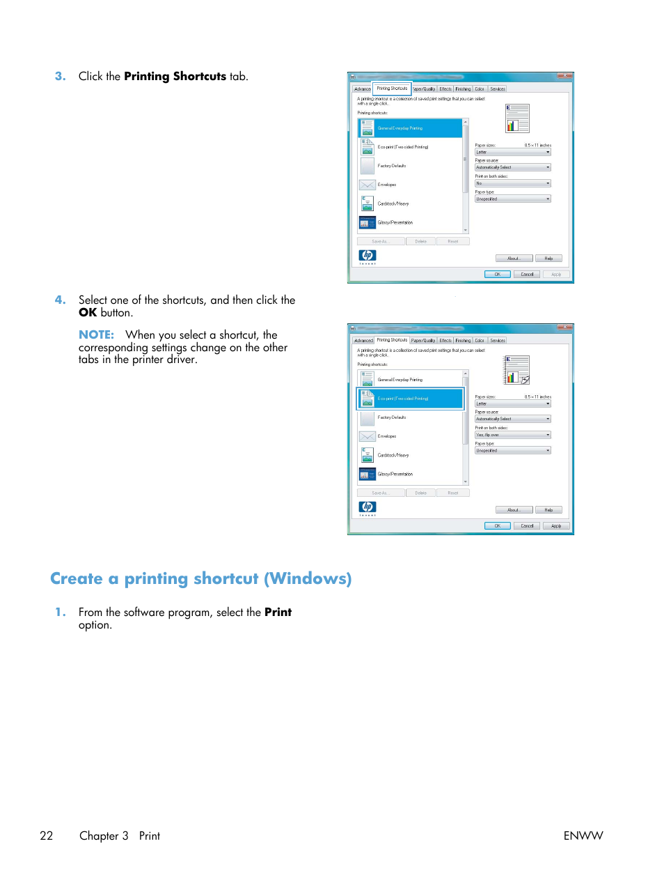 Create a printing shortcut (windows) | HP LaserJet Pro 200 color MFP M276nw User Manual | Page 38 / 238