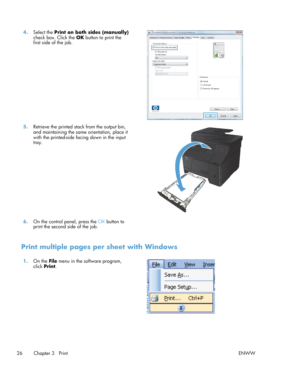 Print multiple pages per sheet with windows | HP LaserJet Pro 200 color MFP M276nw User Manual | Page 42 / 238