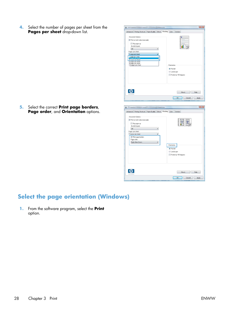 Select the page orientation (windows) | HP LaserJet Pro 200 color MFP M276nw User Manual | Page 44 / 238