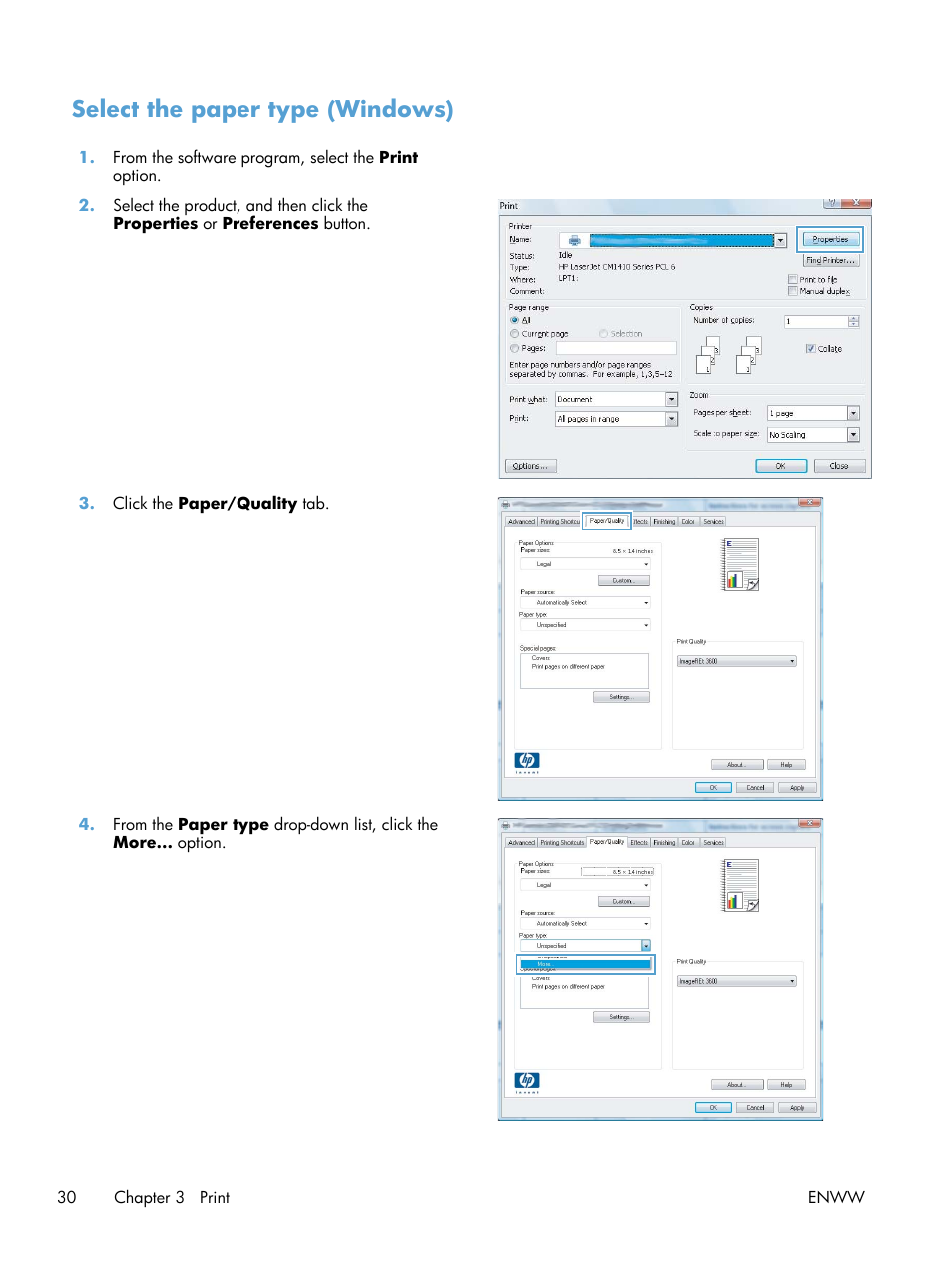 Select the paper type (windows) | HP LaserJet Pro 200 color MFP M276nw User Manual | Page 46 / 238