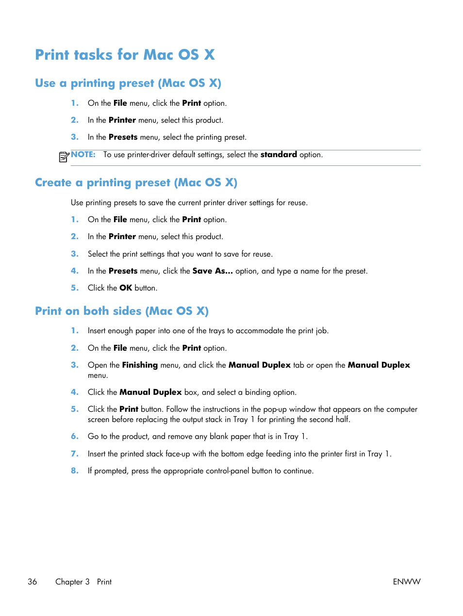 Print tasks for mac os x, Use a printing preset (mac os x), Create a printing preset (mac os x) | Print on both sides (mac os x) | HP LaserJet Pro 200 color MFP M276nw User Manual | Page 52 / 238