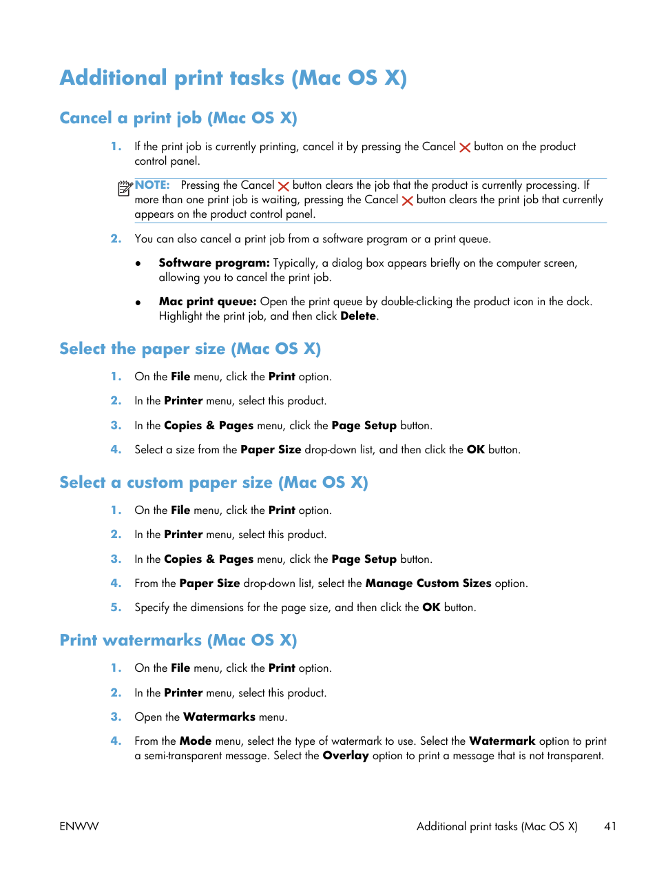 Additional print tasks (mac os x), Cancel a print job (mac os x), Select the paper size (mac os x) | Select a custom paper size (mac os x), Print watermarks (mac os x) | HP LaserJet Pro 200 color MFP M276nw User Manual | Page 57 / 238