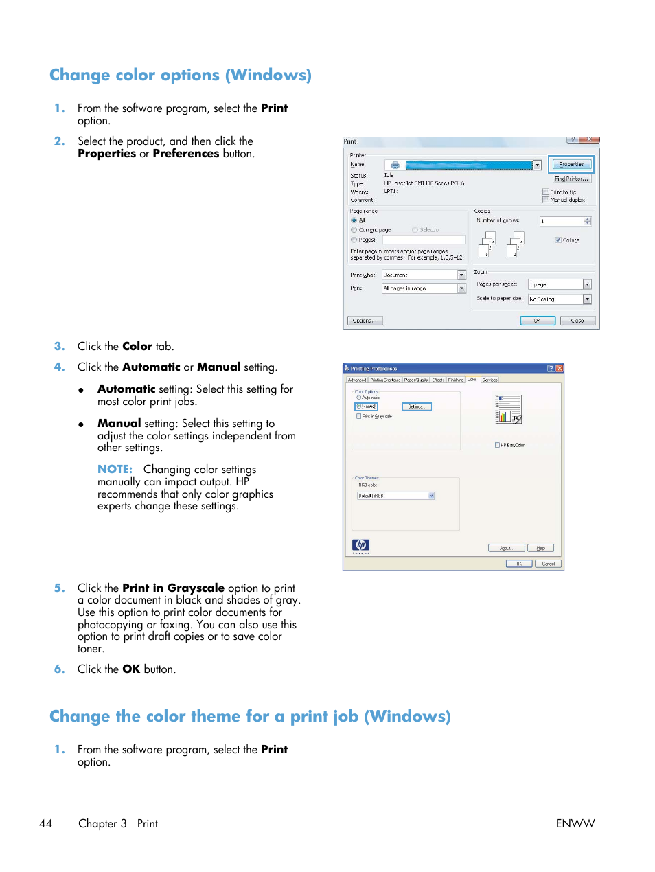 Change color options (windows), Change the color theme for a print job (windows) | HP LaserJet Pro 200 color MFP M276nw User Manual | Page 60 / 238