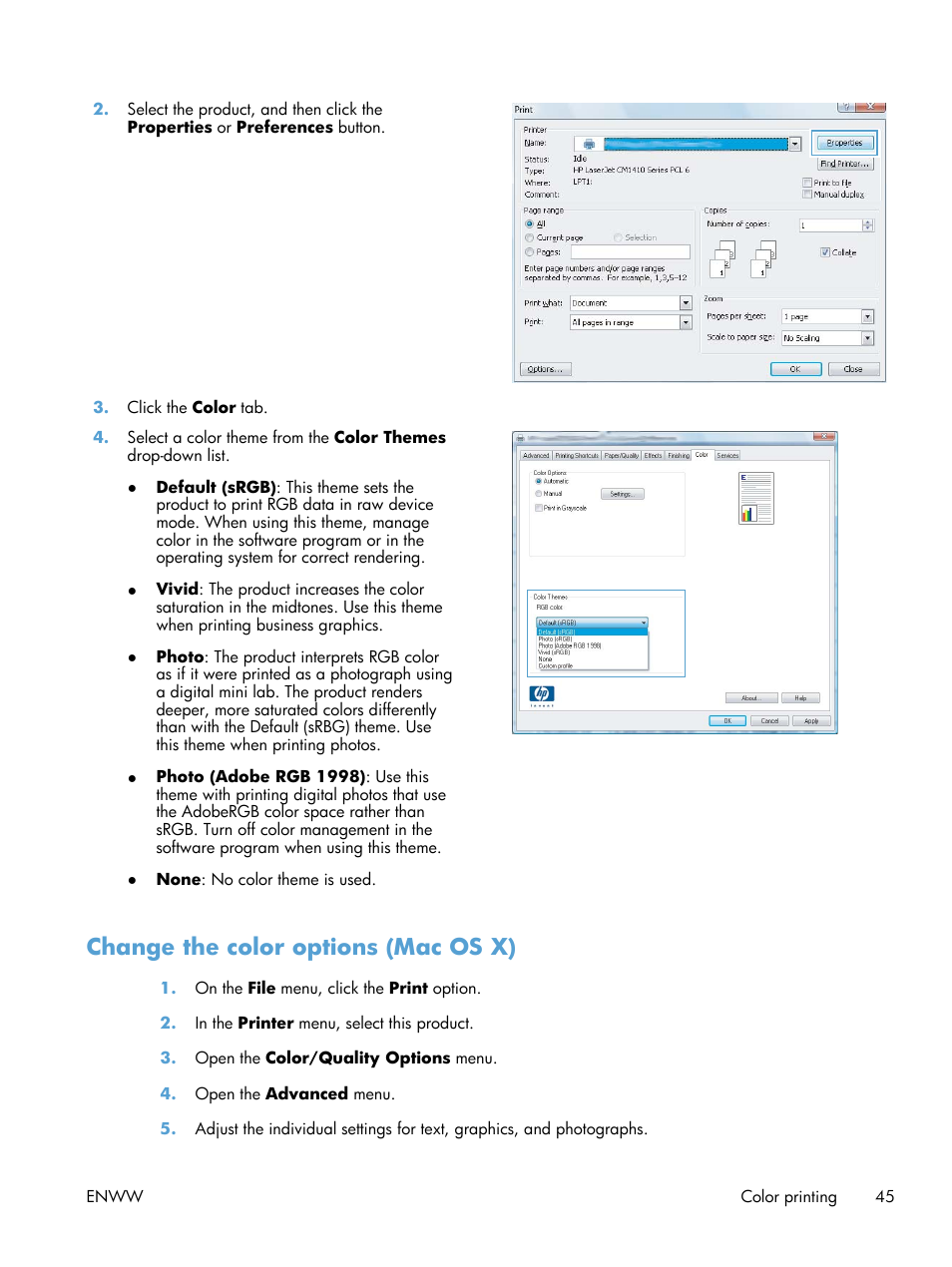 Change the color options (mac os x) | HP LaserJet Pro 200 color MFP M276nw User Manual | Page 61 / 238